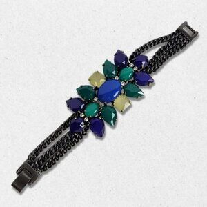Peacock Hematite Rhinestone Link Bracelet Double Clasp Closure Blue/Green W OS
